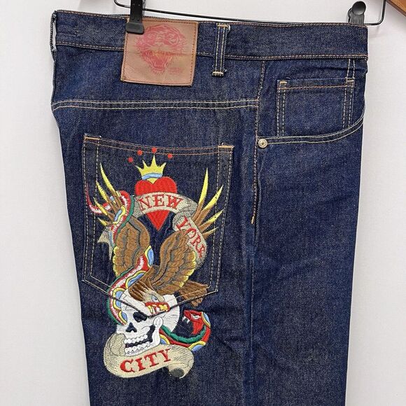 Ed Hardy Y2K Mens 38 Button Fly Wide Leg Jean 16" Shorts Embroidered Eagle Skull - Picture 9 of 12